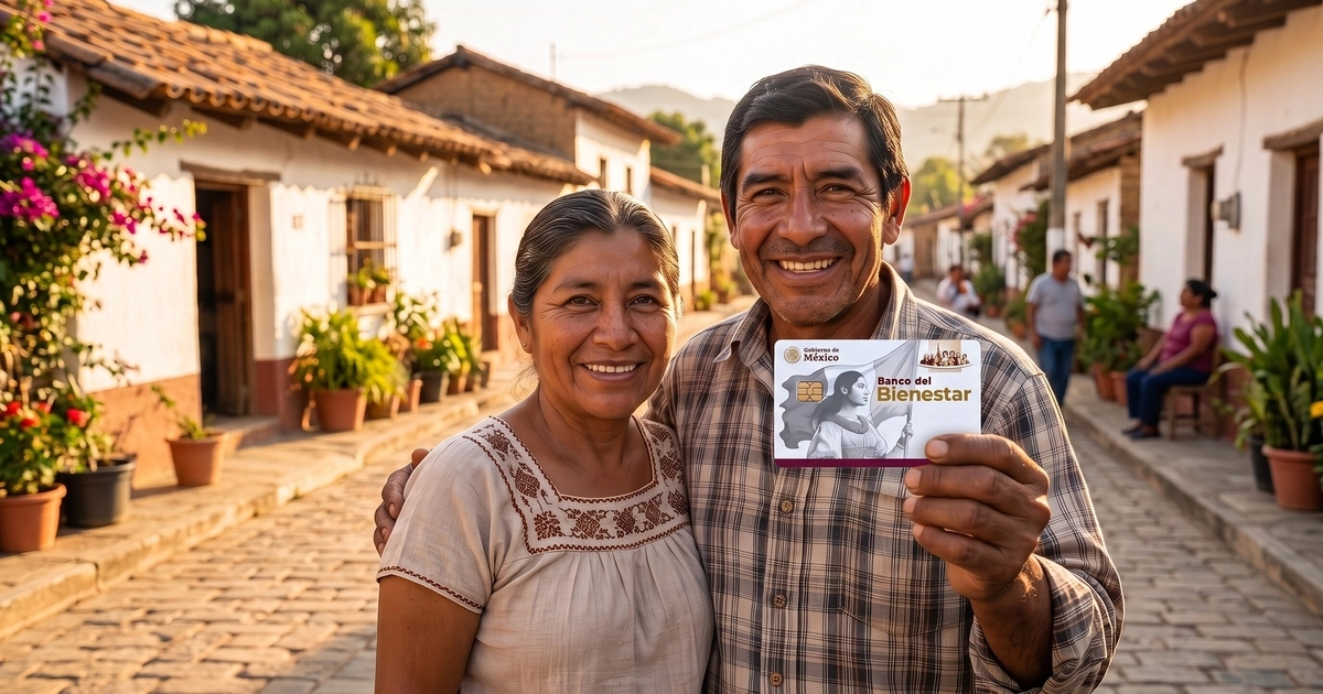 Un hombre y una mujer sonríen en una calle empedrada mientras él sostiene una tarjeta bancaria del Banco del Bienestar.