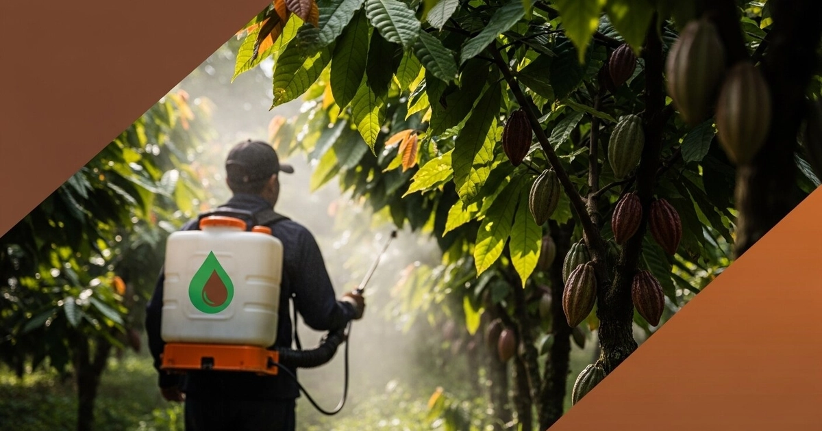 Silueta de trabajador con gorra y mochila de aspersión con logo de gota bicolor, fumigando plantas de cacao con hojas y mazorcas.
