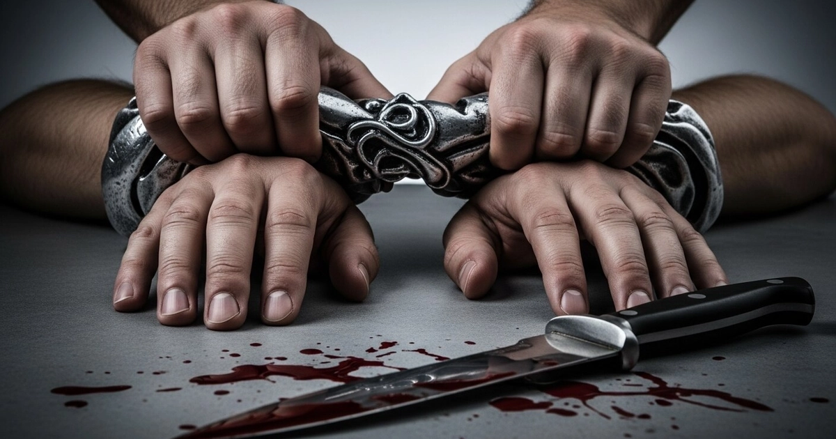 Dos manos masculinas inmovilizadas por otras manos, con un objeto metálico ornamental en las muñecas, junto a un cuchillo y gotas de sangre en una superficie gris.