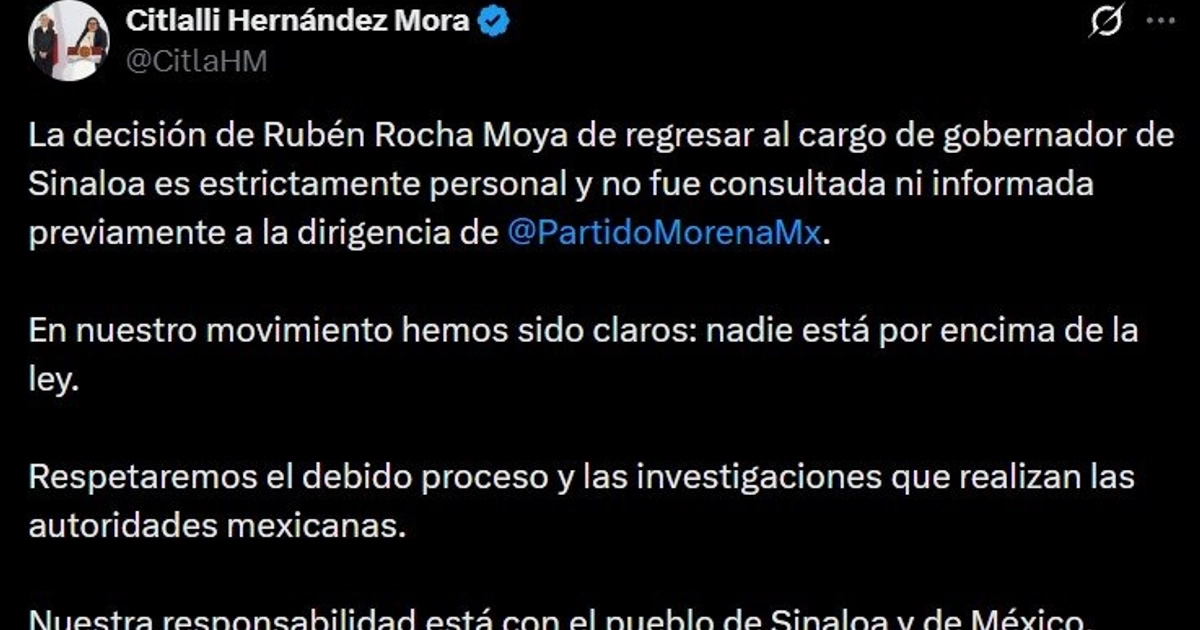 La presidenta de la Comisión de Elecciones de Morena, Citlalli Hernández, no estaba enterada de la decisión de Rubén Rocha Moya. Crédito: X/ @CitlaHM