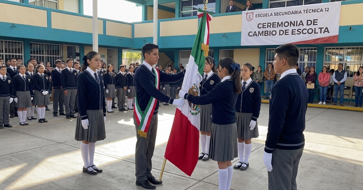 Estudiantes de la Escuela Secundaria Técnica 12 participan en la ceremonia de cambio de escolta, donde un alumno abanderado entrega la bandera nacional a la nueva guardia. (Imagen Ilustrativa Infobae)
