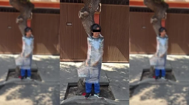 Hartos de la inseguridad: Atrapan a supuesto ladrón y lo atan con plástico a un árbol