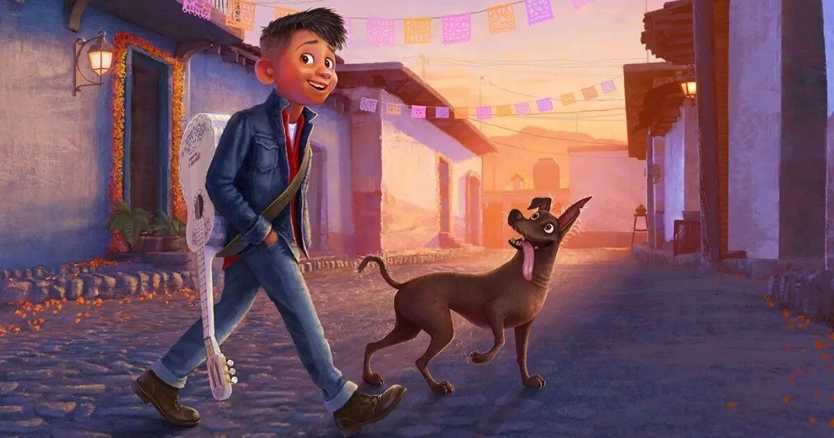 Miguel, personaje de la película Coco de Pixar, camina por una calle empedrada de un pueblo mexicano junto a su perro Dante. (D23 Disney Pixar/Redes sociales)
