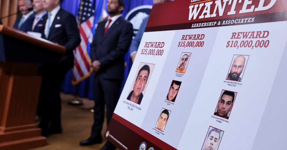 A board featuring images of wanted members of the Jalisco New Generation Cartel (CJNG) as acting US Attorney General Todd Blanche speaks during a press conference to announce new Trump administration actions against the Jalisco New Generation Cartel (CJNG), at the Justice Department in Washington, D.C., U.S., August 5, 2026. REUTERS/Jonathan Ernst