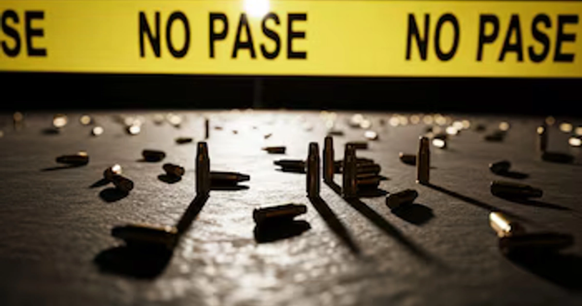 Casquillos de bala se encuentran dispersos en el suelo oscuro, bajo una cinta amarilla de seguridad que indica “NO PASE”. (Imagen Ilustrativa Infobae)