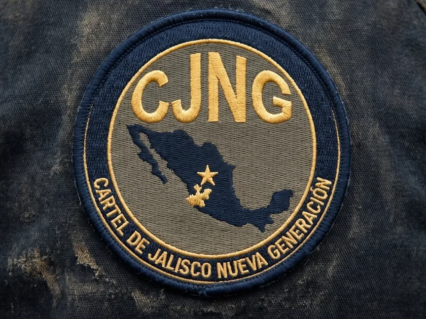 Parche bordado circular con borde azul, fondo verde y letras amarillas “CJNG”, mapa de México azul con dos estrellas amarillas y el texto “CARTEL DE JALISCO NUEVA GENERACIÓN”.