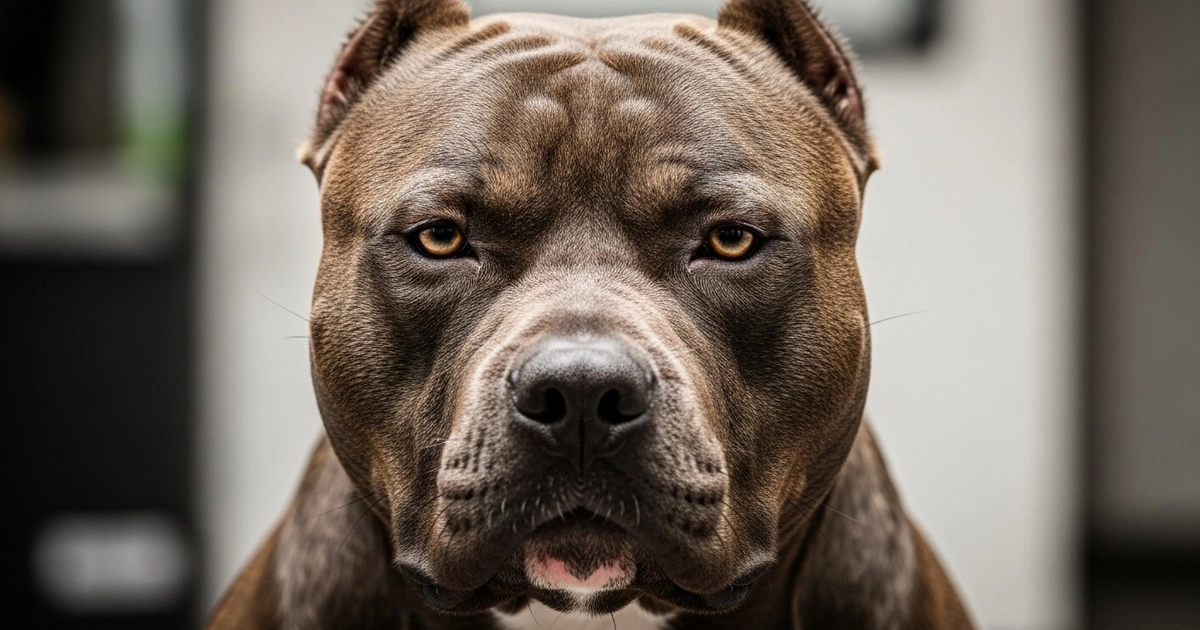 Primer plano frontal de un perro pitbull de pelaje marrón, orejas recortadas, ojos ámbar y morro negro.