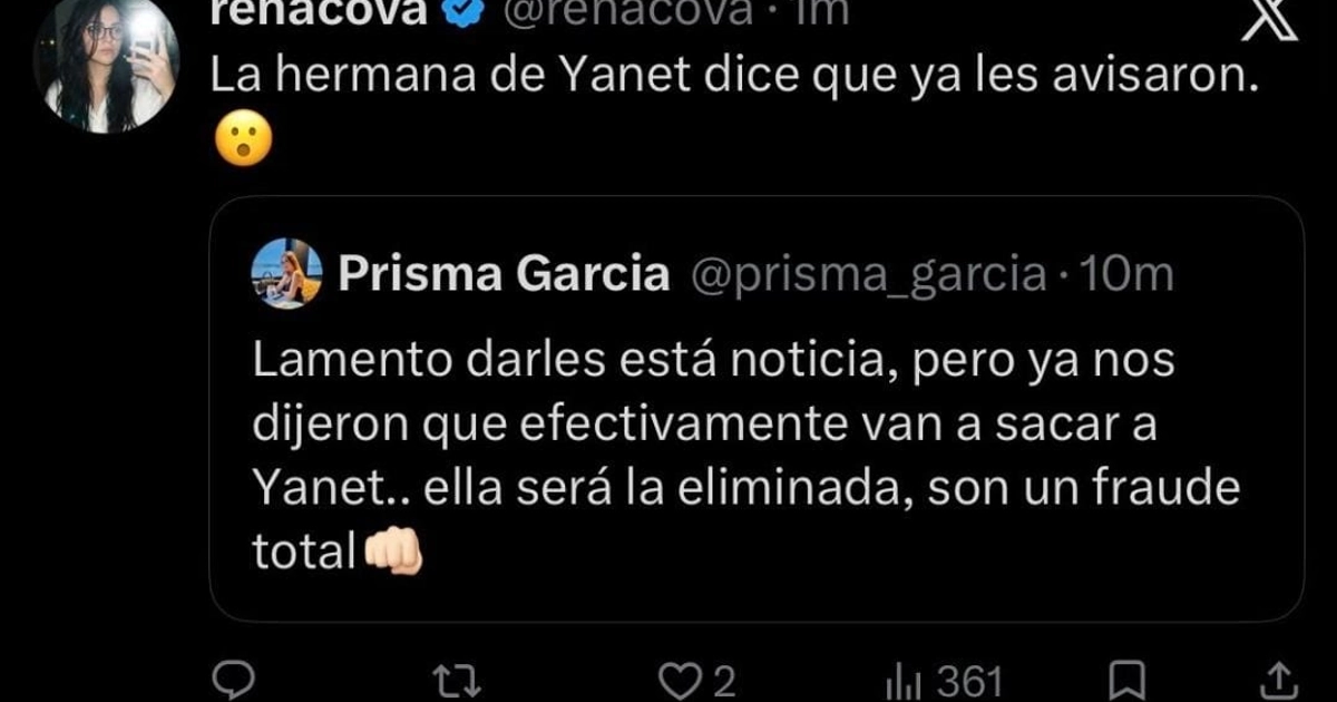 Una publicación en la red social X cita un mensaje atribuido a Prisma García referente a la eliminación de Yanet García. (X)