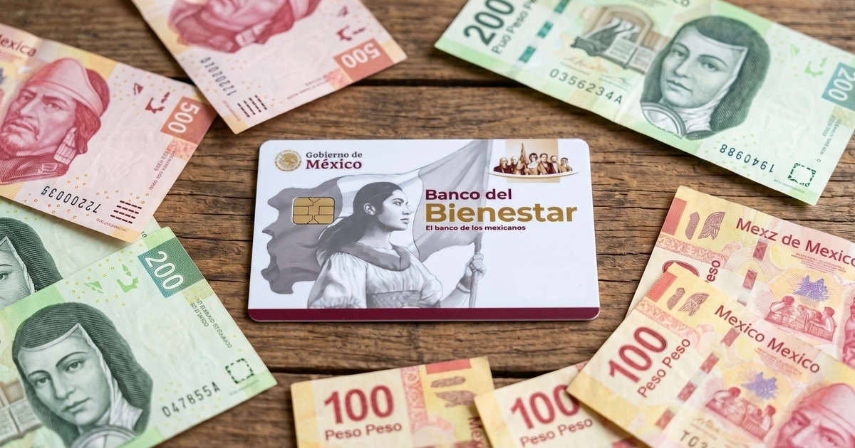Una tarjeta de débito del Banco del Bienestar en una mesa de madera. La rodean tres billetes de 500 pesos, cuatro de 200 pesos y cinco de 100 pesos.