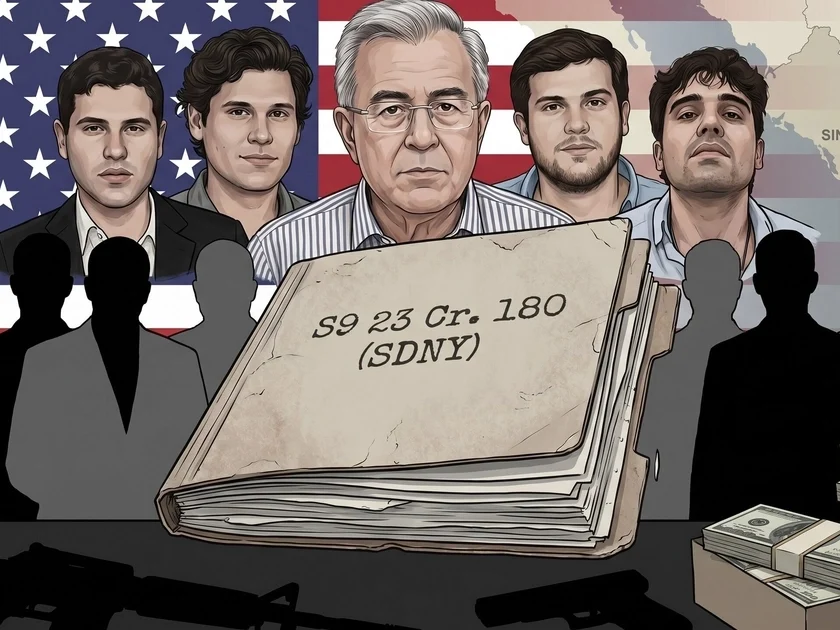 La ilustración conceptual representa un expediente judicial de EE.UU. contra Los Chapitos, implicando al gobernador Rubén Rocha Moya y una red de funcionarios, en un caso de crimen organizado con alcance internacional. (Imagen Ilustrativa Infobae)