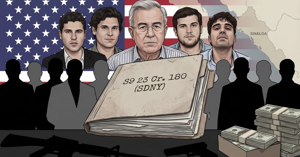 La ilustración conceptual representa un expediente judicial de EE.UU. contra Los Chapitos, implicando al gobernador Rubén Rocha Moya y una red de funcionarios, en un caso de crimen organizado con alcance internacional. (Imagen Ilustrativa Infobae)