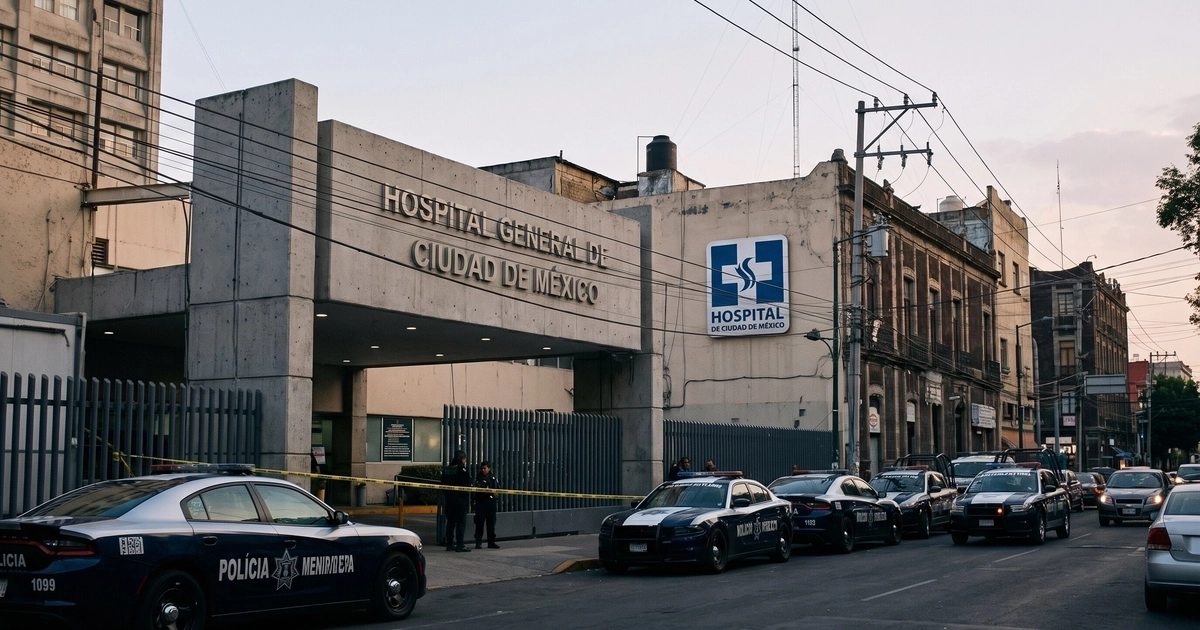 El Hospital General de Ciudad de México presenta su entrada principal con varias patrullas policiales estacionadas y cinta de seguridad amarilla al atardecer. (Imagen Ilustrativa Infobae)