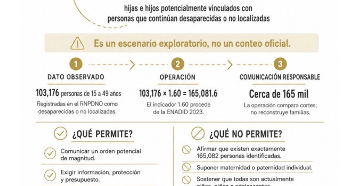 Una infografía de Tejiendo Redes Infancia calcula que cerca de 165 mil hijos en México están vinculados a personas desaparecidas según datos del RNPDNO y el INEGI. (Tejiendo Redes Infancia | Infancia Latina )