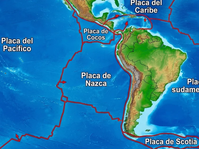 Un mapa de relieve muestra las principales placas tectónicas de América, sus límites demarcados con líneas rojas y las direcciones de su movimiento con flechas. (Imagen Ilustrativa Infobae)