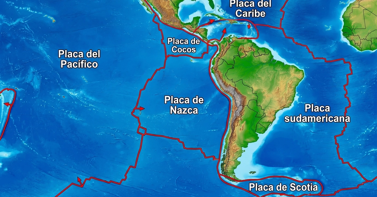 Un mapa de relieve muestra las principales placas tectónicas de América, sus límites demarcados con líneas rojas y las direcciones de su movimiento con flechas. (Imagen Ilustrativa Infobae)