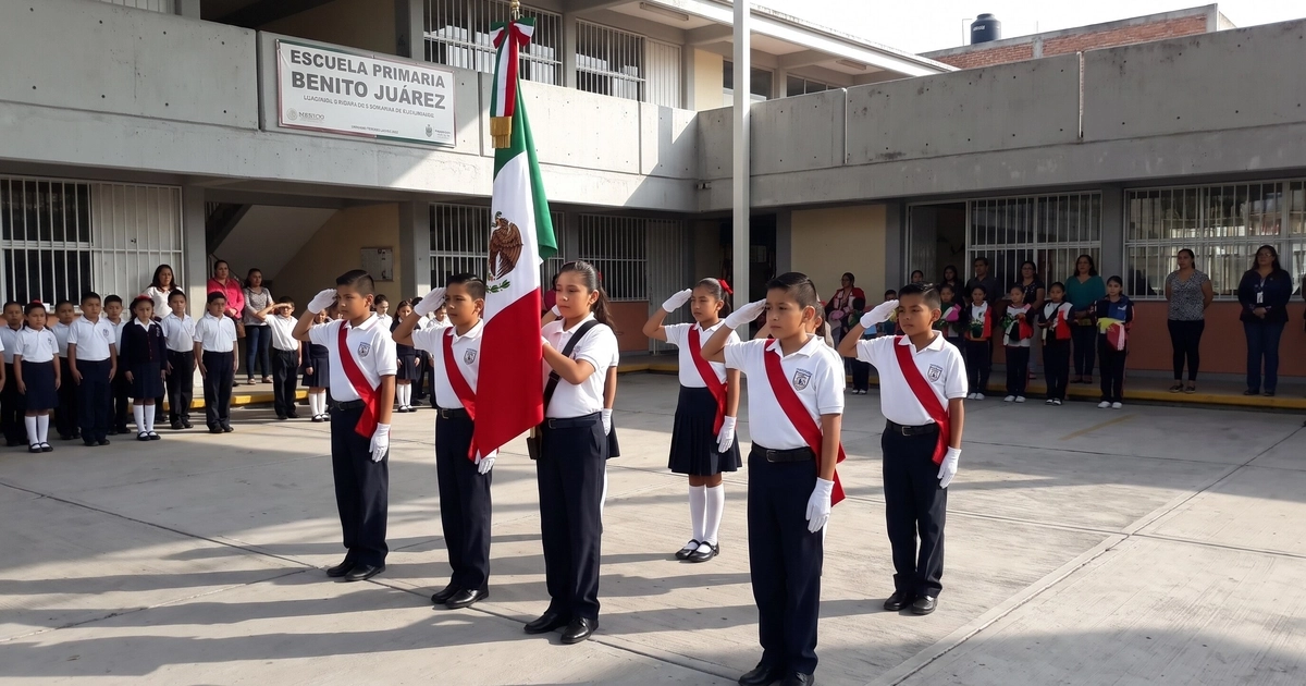 La escolta de la Escuela Primaria Benito Juárez, integrada por alumnos con uniformes y banda roja, rinde honores a la bandera nacional de México en el patio escolar. (Imagen Ilustrativa Infobae)
