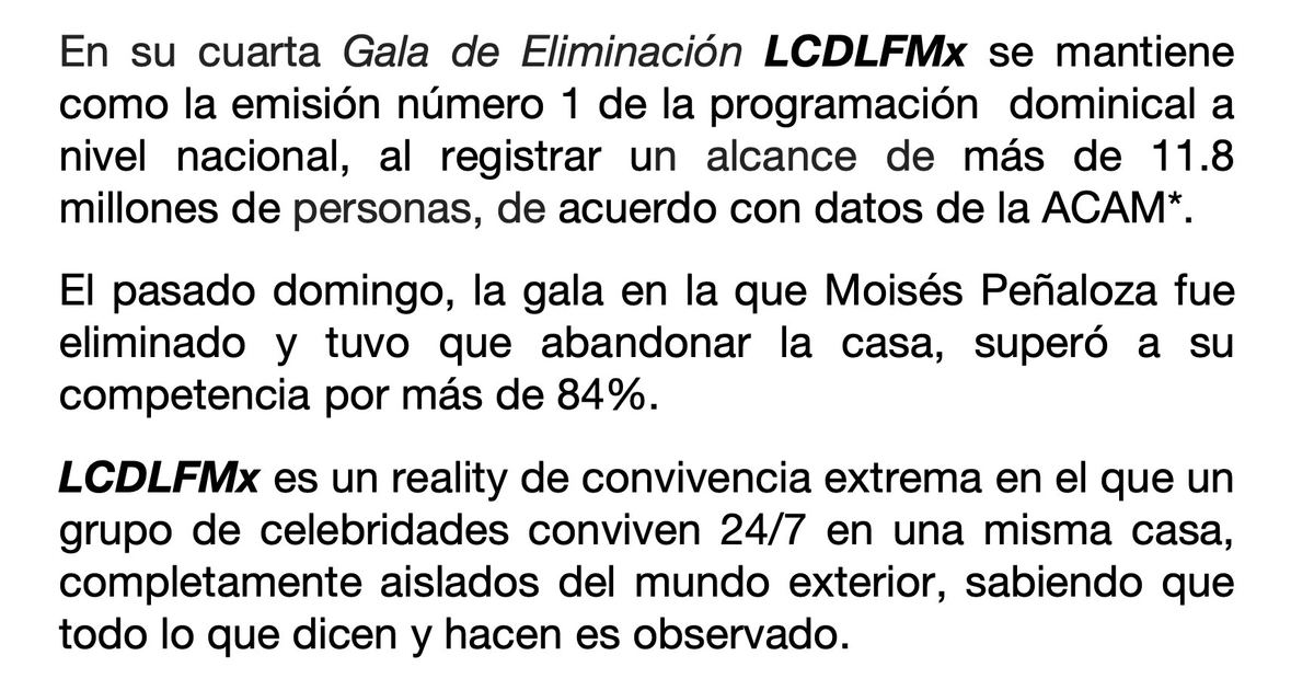 Comunicado de TelevisaUnivision sobre el rating de La Casa de los Famosos México (X/@ReneFranco)