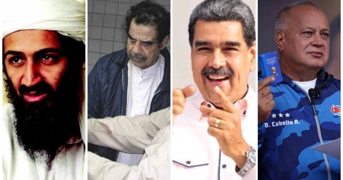 De izquierda a derecha: Osama Bin Laden, Saddam Hussein, Nicolás Maduro y Diosdado Cabello. Crédito: FBI / Redes Sociales