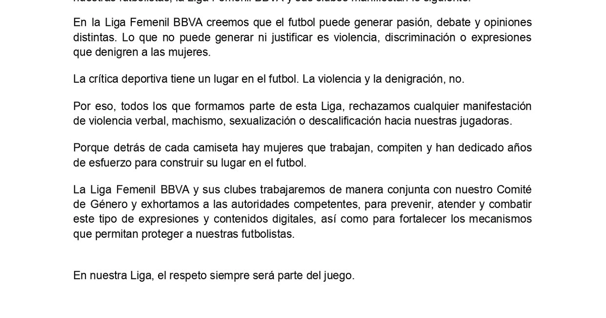 La Liga Femenil BBVA de México publica un comunicado para reprobar la violencia digital y las expresiones que denigran a sus futbolistas (X/ @LigaBBVAFemenil)