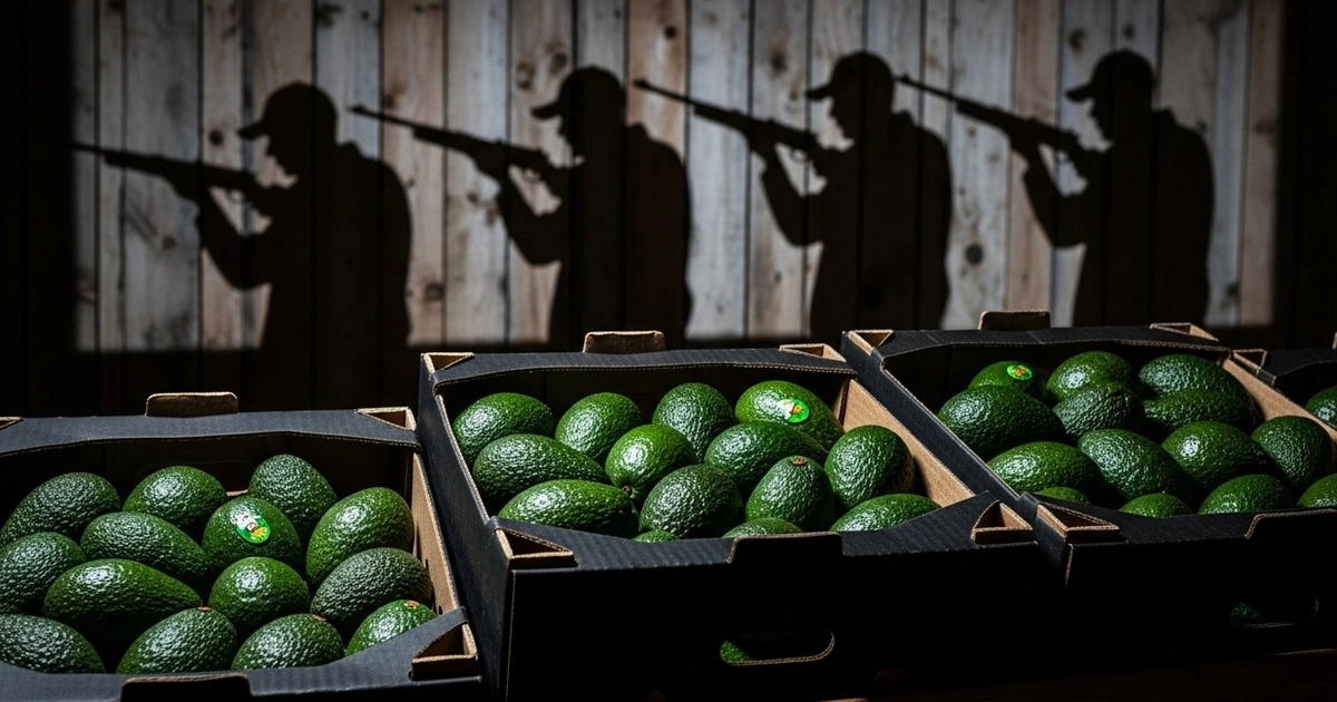 Varias cajas de aguacates apiladas se muestran sobre un fondo de madera donde se proyectan sombras de figuras masculinas con rifles, lo que indica una atmósfera de control y amenaza. (Imagen Ilustrativa Infobae)