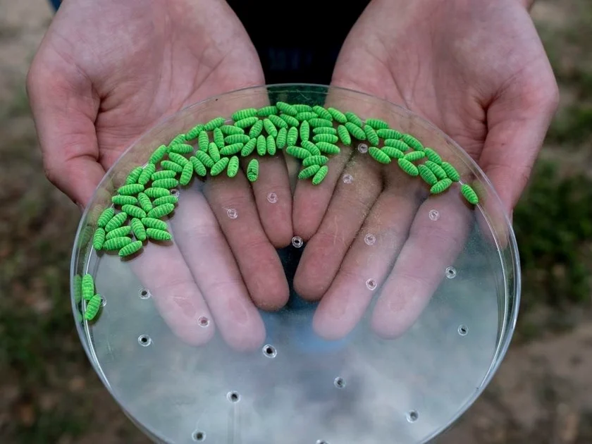 LA PRYOR, TEXAS - JUNE 11: A United States Department of Agriculture employee holds sterile New World Screwworm pupae during a press conference where a crate of 80,000 sterile NWS pupae is installed at Chapparosa Ranch on June 11, 2026 in La Pryor, Texas. The first case of New World Screwworm infection, since its eradication from the country in 1966, was reported in Texas last week by the United States Department of Agriculture. Female NWS flies only mate once in their lifespan, so releasing sterile flies in the affected areas will help suppress their ability to reproduce, according to the USDA. The sterile pupae are dyed green to distinguish sterile from non-sterile NWS flies. (Photo by Joel Angel Juarez/Getty Images)
