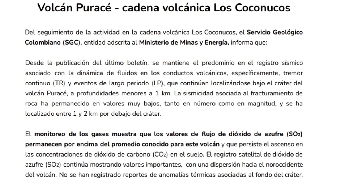 Boletín sobre actividad del volcán Puracé. Foto: SGC