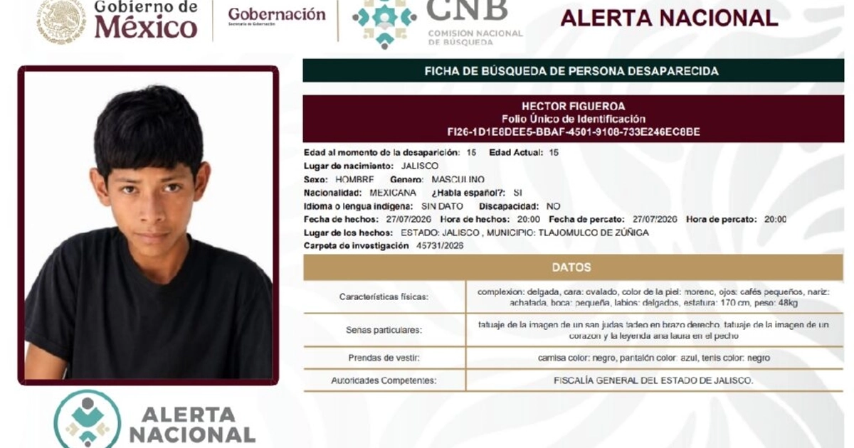 Desaparecen Bruno y Héctor tras presunta oferta laboral en Jalisco. Foto: Rnpdno