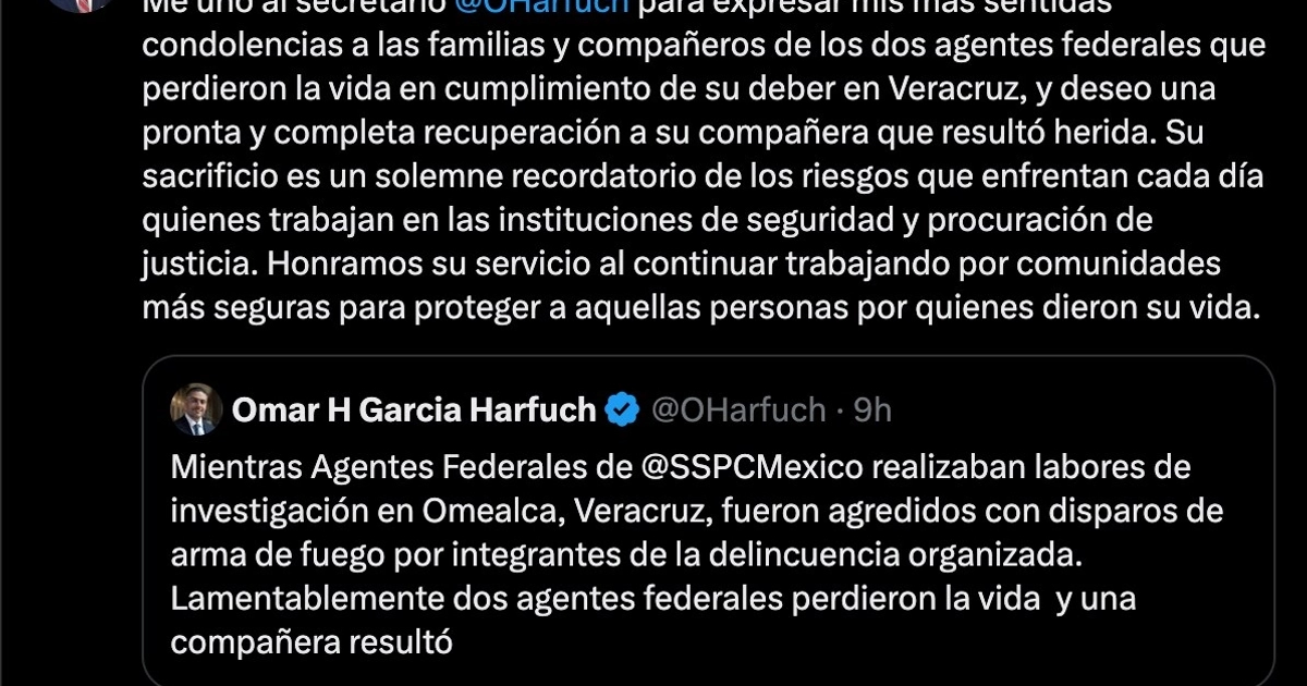 Tweet del embajador de EEUU en México tras el asesinato de dos agentes de la SSPC. Crédito: X - @USAmbMex