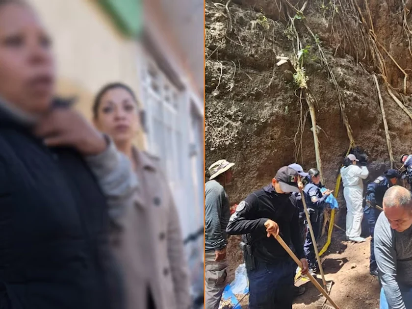 Composición con dos mujeres en una calle a la izquierda y personal pericial realizando excavaciones en un terreno a la derecha