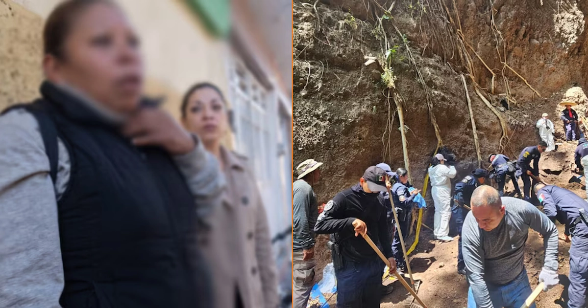 Composición con dos mujeres en una calle a la izquierda y personal pericial realizando excavaciones en un terreno a la derecha