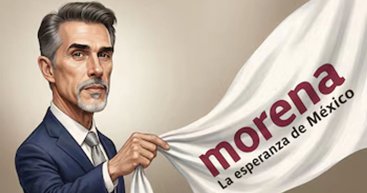 Caricatura editorial de Sergio Mayer con barba y cabello canoso, vestido de traje, sujetando una bandera blanca de Morena con su logo y lema.