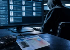 Licencia de conducir y llaves de automóvil sobre una mesa frente a una computadora con fichas de datos y un individuo con capucha.