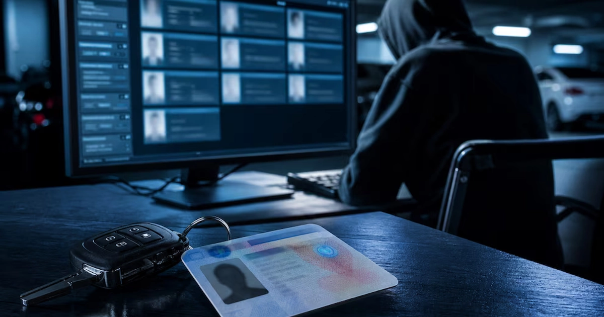 Licencia de conducir y llaves de automóvil sobre una mesa frente a una computadora con fichas de datos y un individuo con capucha.