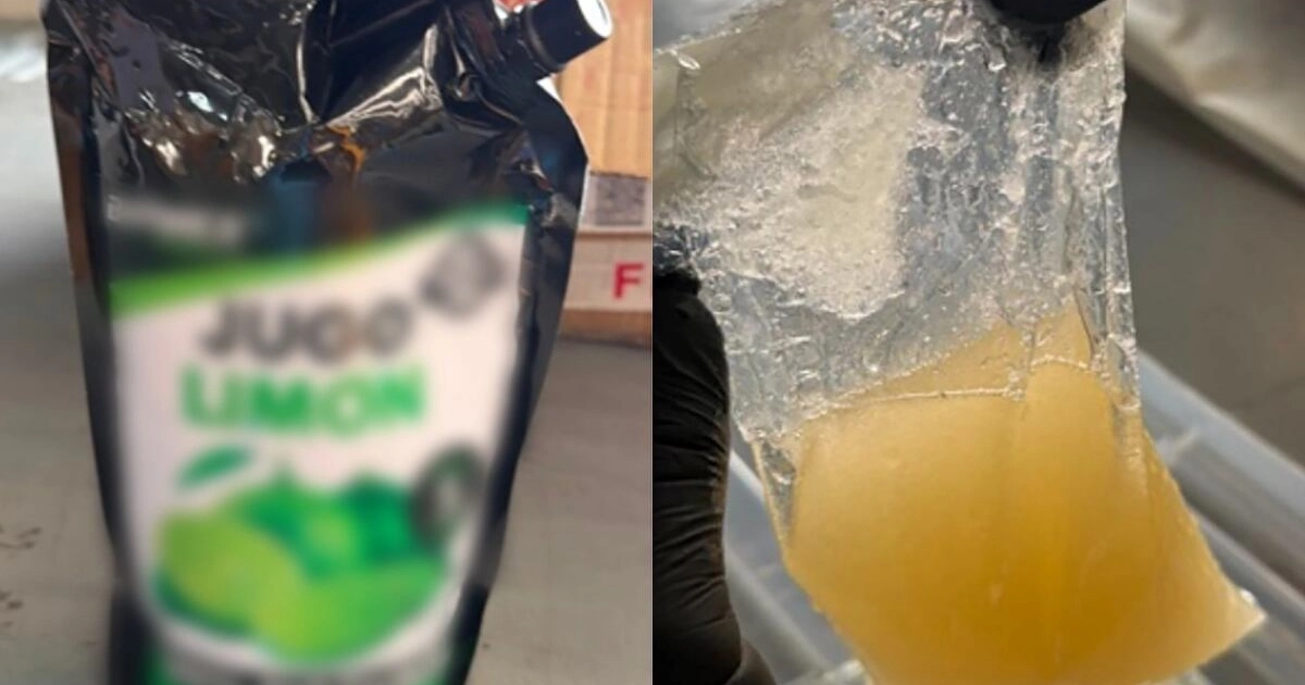 Aseguran más de 10 kilos de metanfetamina en Aeropuerto de Toluca oculta en bolsas de jugo de limón (12/09/2026). Foto: Tomada de X (@AduanasMx)