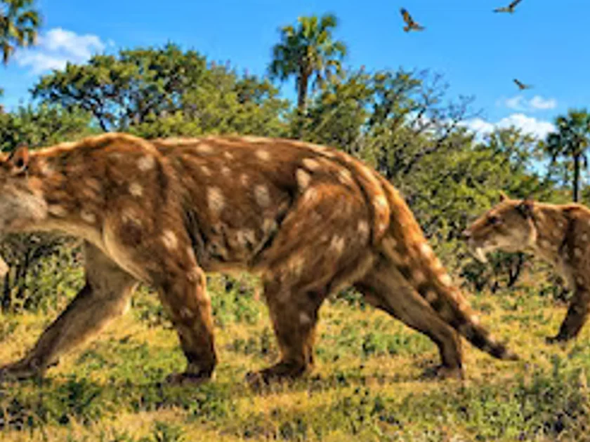 Dos grandes felinos con colmillos largos y pelaje manchado caminan en un pastizal con árboles, palmeras y aves en el cielo