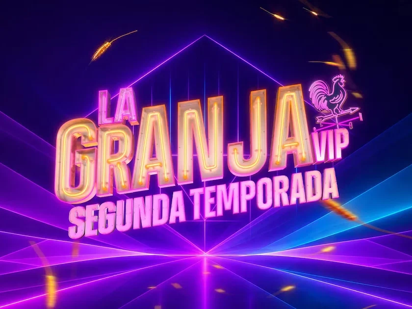 Logotipo neón rosa y amarillo con el texto "LA GRANJA VIP SEGUNDA TEMPORADA" y la figura de un gallo sobre un fondo morado con líneas de luz