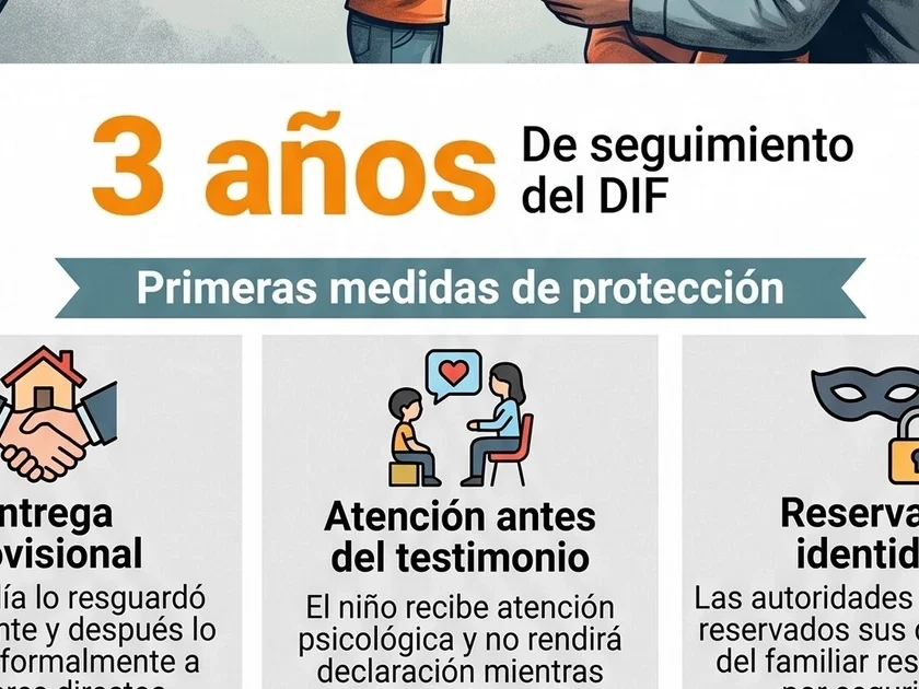 Infografía explicativa con un dibujo superior de un niño junto a adultos y policías, seguida de seis recuadros con texto e íconos informativos.
