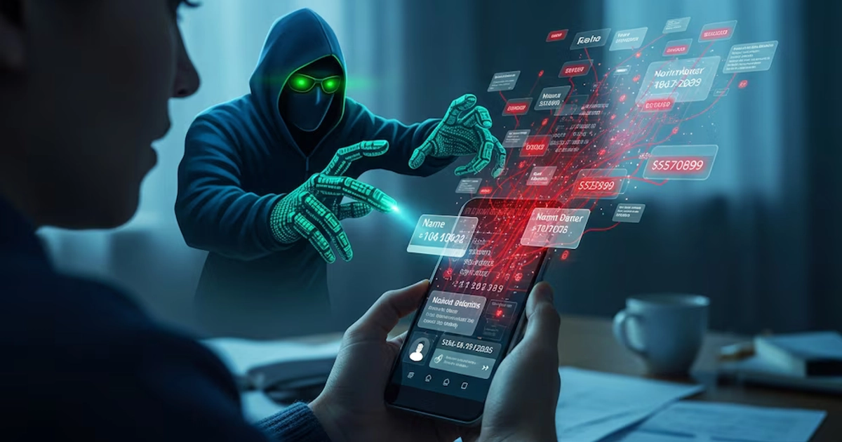 Manos sosteniendo un smartphone que muestra información digital. Al fondo, un hacker con capucha y guantes brillantes extrae datos flotantes rojos del móvil.
