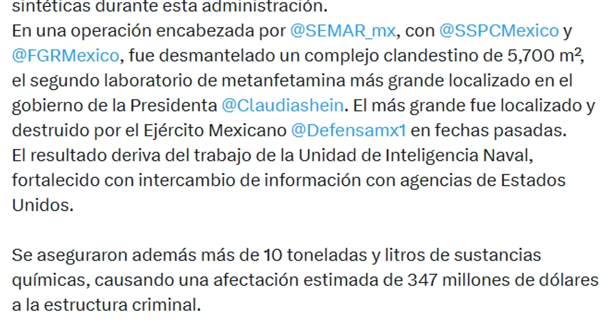 Tweet de Harfuch de la mañana de este 4 de septiembre, tras los golpes contra el narco en Sinaloa. Crédito: X - @OHarfuch