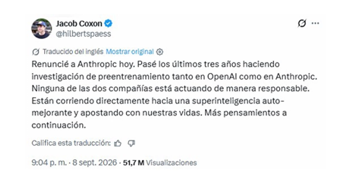 Jacob Coxon informa sobre sua renuncia a Anthropic y señala una falta de responsabilidad en el desarrollo de superinteligencia tanto en esa empresa como en OpenAI.