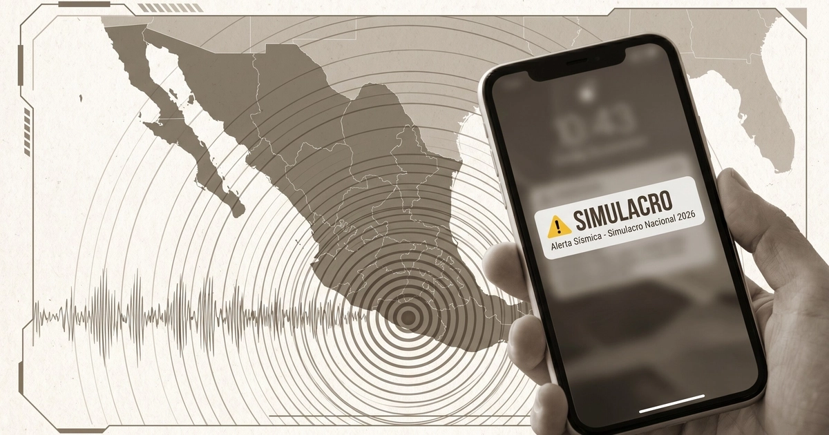 Un mapa de México en tonos neutros con ondas sísmicas desde Guerrero. En primer plano, una mano sostiene un teléfono con alerta