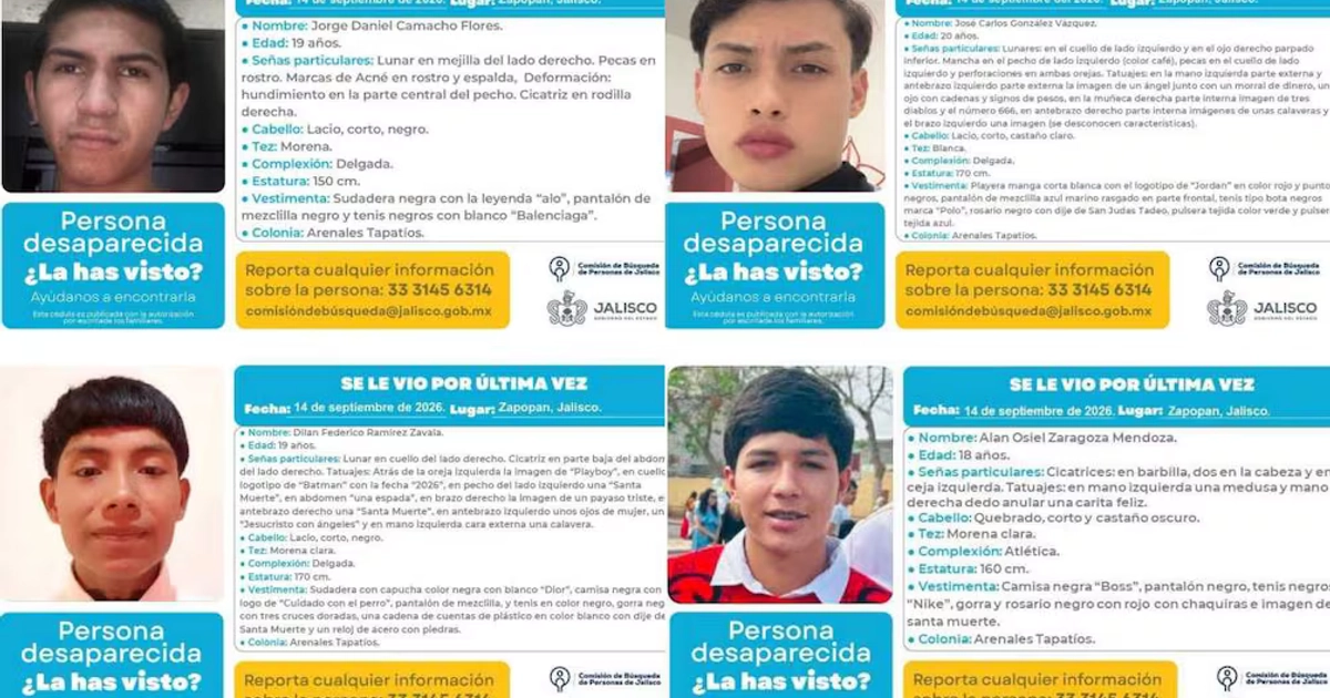 Los jóvenes, cuyas fichas de búsqueda ya fueron emitidas por las autoridades, fueron identificados como Alan Osiel Zaragoza Mendoza, de 18 años; Jorge Daniel Camacho Flores, de 19 años; Dilan Federico Ramírez Zavala, de 19 años; y José Carlos González Vázquez, de 20 años. Foto: Comisión de Búsqueda de Personas del Estado de Jalisco