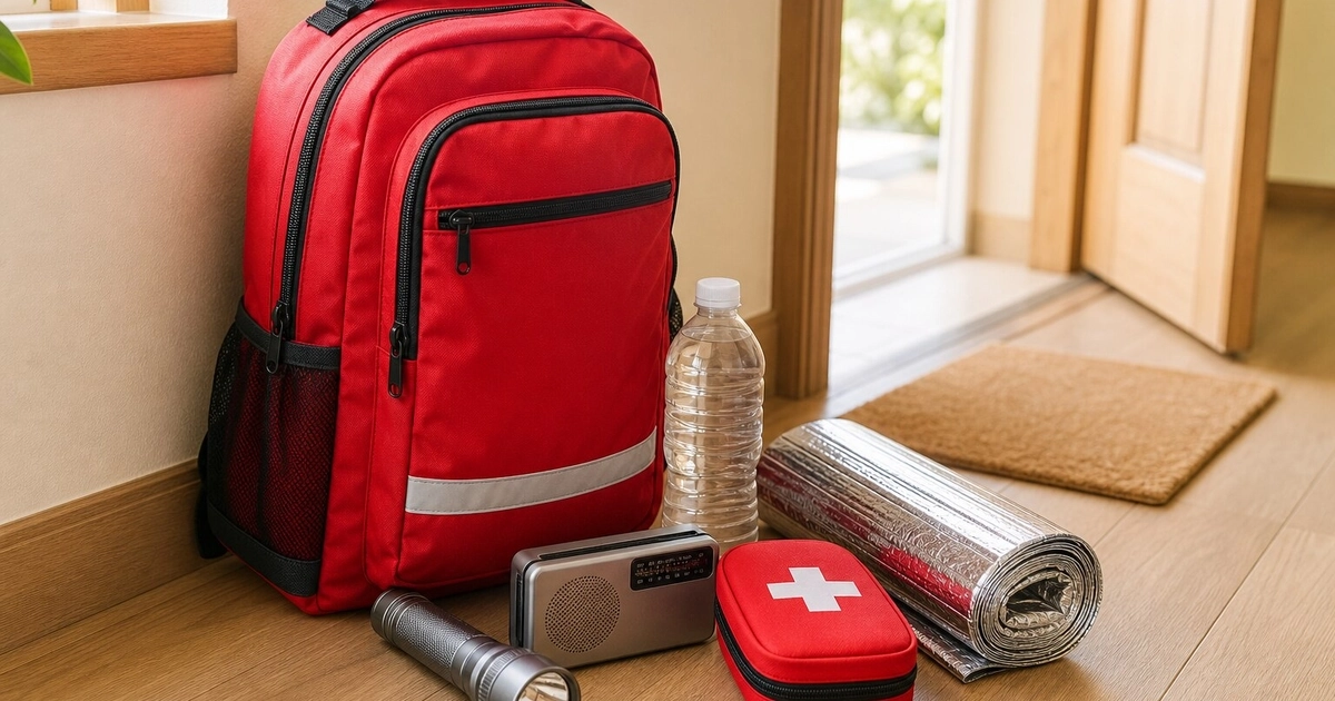 Una mochila roja en el suelo junto a una linterna, una radio portátil, una botella de agua, un botiquín y una manta térmica cerca de una puerta.
