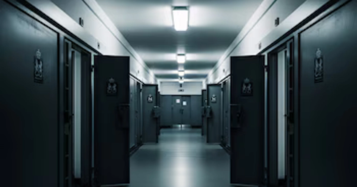Pasillo de cárcel vacío con puertas de celdas abiertas a ambos lados, luces fluorescentes en el techo y emblemas del Ministerio de Justicia en las puertas.