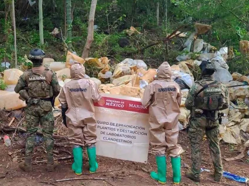 Elementos de la Secretaría de Marina (Semar) encontraron e inhabilitaron un laboratorio clandestino en Sinaloa. Foto: X @GabSeguridadMX