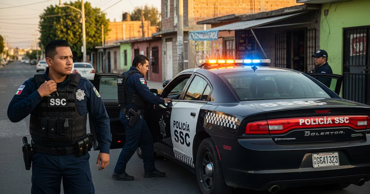 Agentes de la Secretaría de Seguridad Ciudadana (SSC) de la Ciudad de México atienden un llamado de emergencia, desplegando su patrulla con luces encendidas en las calles de Tláhuac.