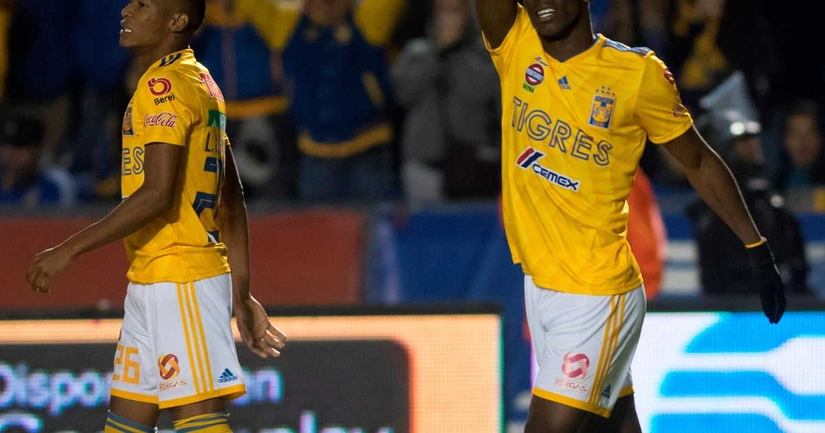 Julián Quiñones (d) de Tigres festeja una anotación ante Querétaro durante un partido correspondiente a la jornada 11 del Torneo Clausura 2019 celebrado en el estadio Universitario de Monterrey (México). EFE/Miguel Sierra/Archivo