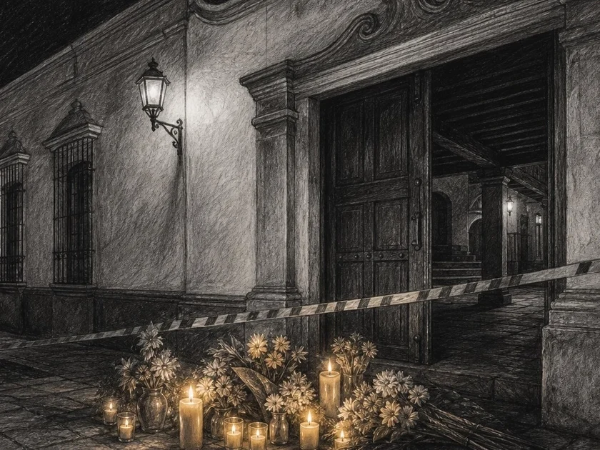 Un altar de velas y flores permanece en el exterior de la Casa de la Cultura de Cuautla junto a una cinta de resguardo policial. (Imagen Ilustrativa Infobae)
