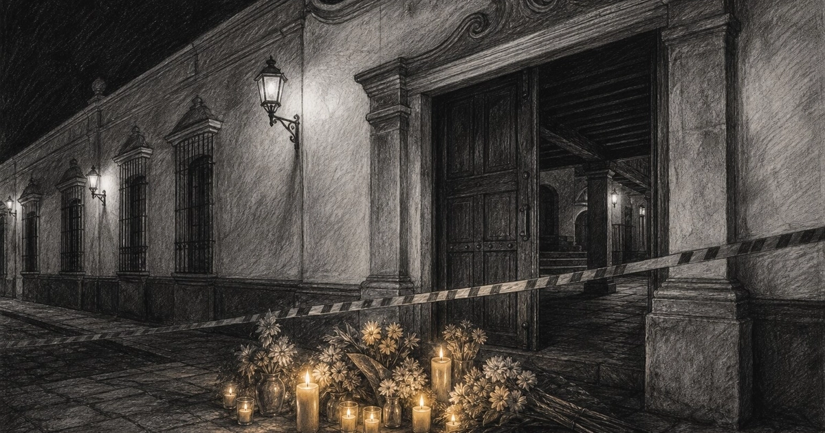 Un altar de velas y flores permanece en el exterior de la Casa de la Cultura de Cuautla junto a una cinta de resguardo policial. (Imagen Ilustrativa Infobae)