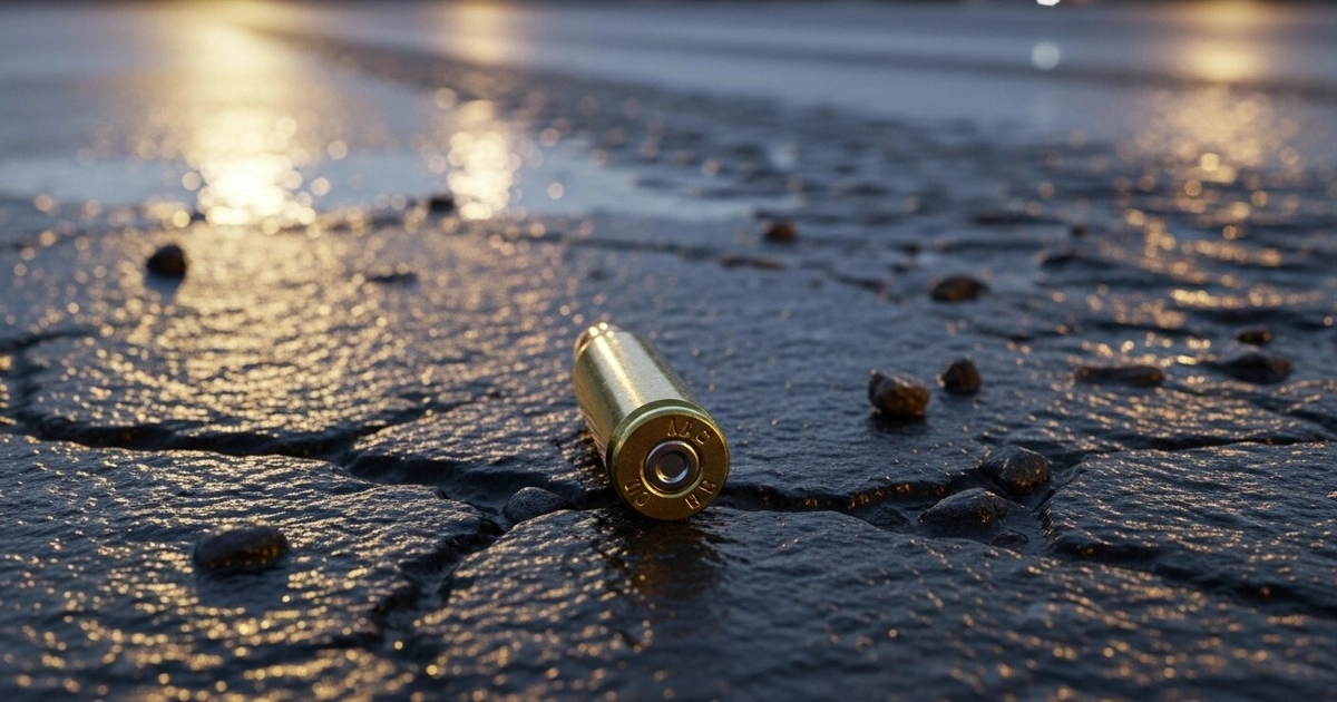 Un casquillo de bala de color dorado yace en el suelo agrietado y húmedo, reflejando la luz, evidenciando un incidente violento con criminales en motocicleta. (Imagen Ilustrativa Infobae)